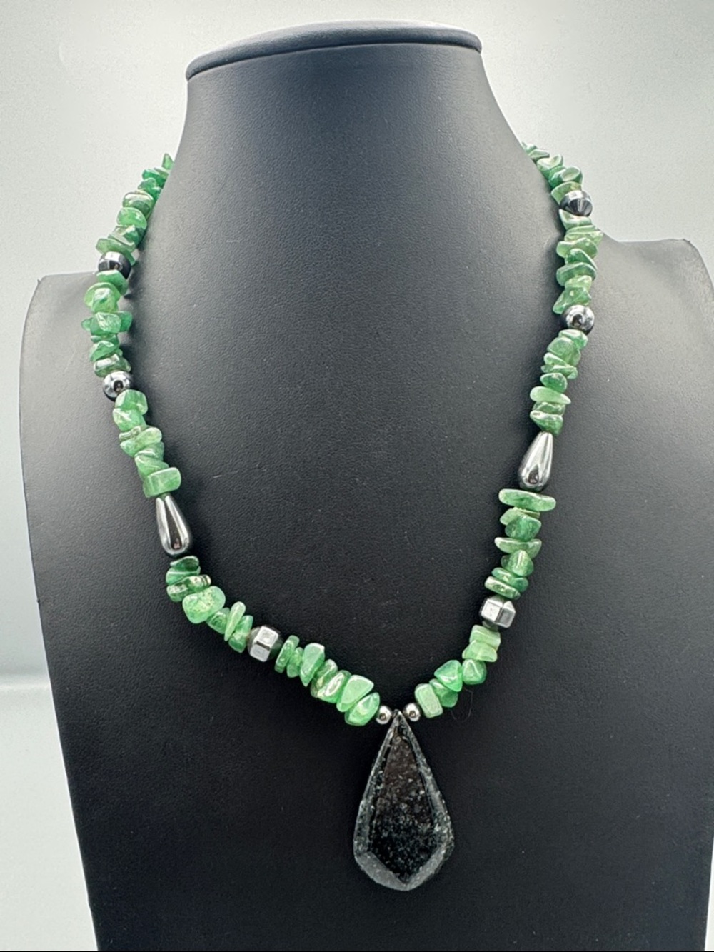 Green Gemstone Chip Necklace with Teardrop Pendant